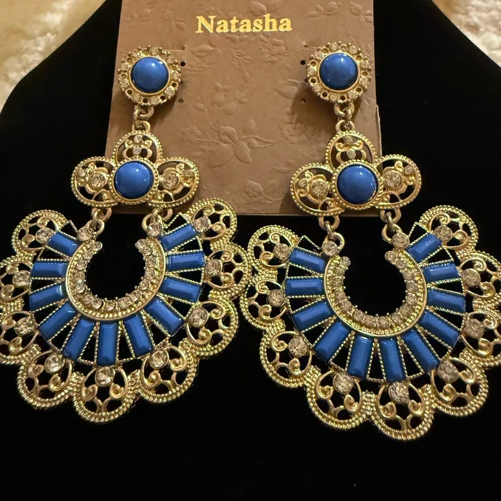 Natasha Couture Blue and Gold Filigree Earrings